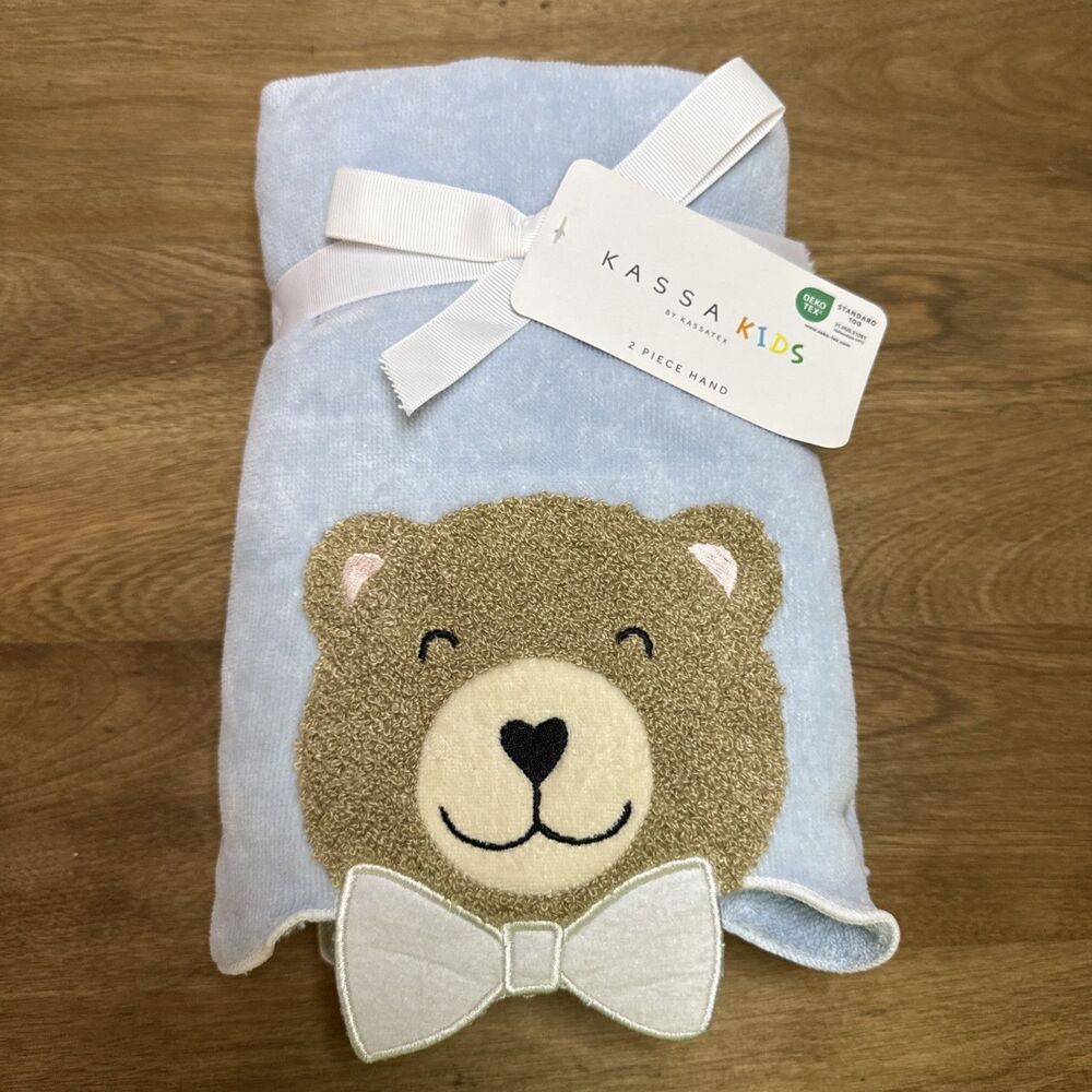 Kassa Kids Teddy Bear 2 PK Scalloped Hand Towels Blue Embroidered Cotton NWT